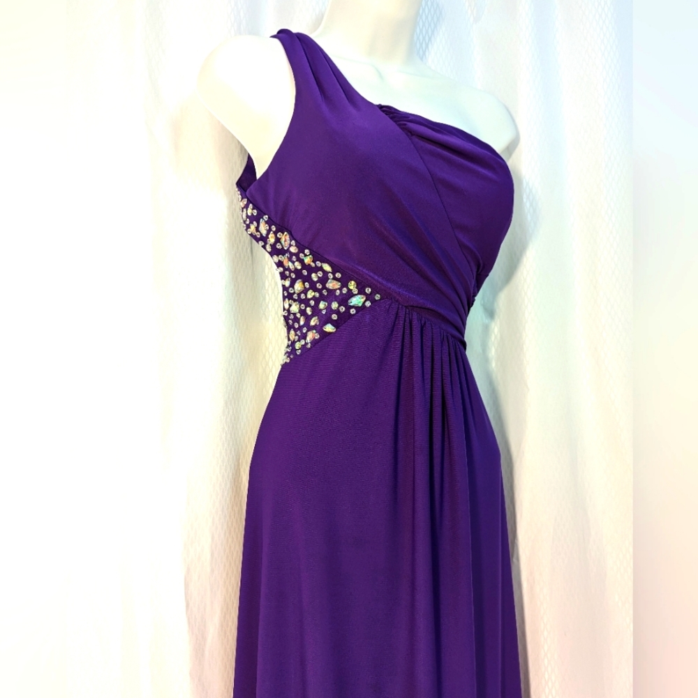 Deb One-Shoulder Open-Back Bejeweled Prom Dress, Ultraviolet, Size 5/6